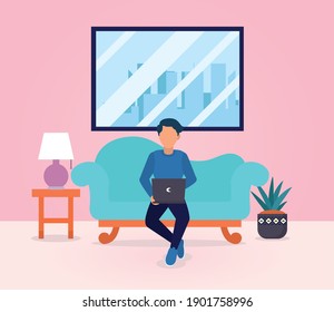 living room with a man with a laptop working sitting on the couch over white background, flat style, vector illustration