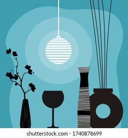 In a living room. Many objects on a table : glass of wine, Japanese flower, wooden vase, contemporary ceramic vase with joss stick. Vector illustration art on blue background.