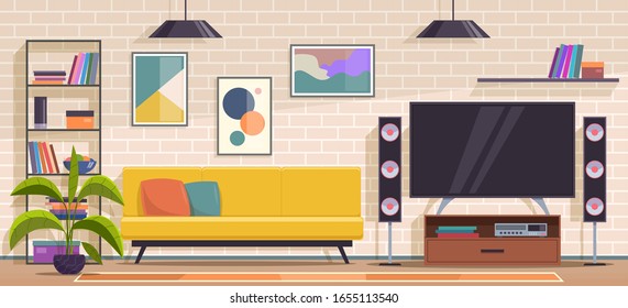 Living room. Modern apartment minimal interior with furniture, sofa and armchair, shelves and tv, wall pictures and plants flat vector contemporary interior