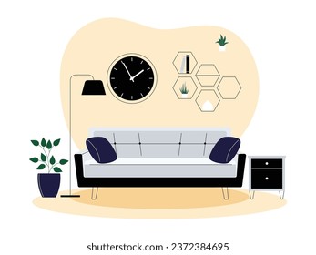 Living room with a modern concept, background with a large wall clock and a hexagonal shelf, dominated by black and gray, interior and furniture vector illustration.