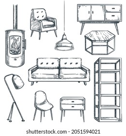 Living room modern furniture icons set. Vector hand drawn sketch illustration. Interior design elements isolated on white background. Cozy contemporary loft home furniture collection