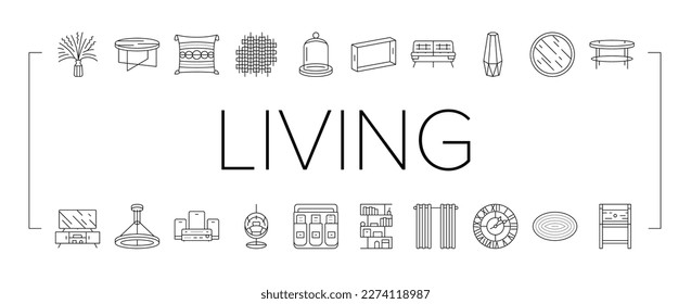living room modern home furniture icons set vector. design interior, wall sofa, apartment white, living floor, house decor, plant style living room modern home furniture black contour illustrations
