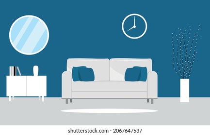 Living room in a modern house. Minimalistic living room. Cozy room. Mirror in the room. Dark walls and a white sofa. Decorative vase. Cupboard with books. White carpet.