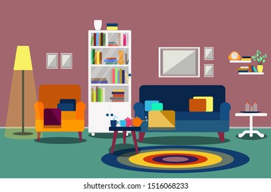 Living room modern interior with an armchair, sofa, bookcase, shelves,  coffee table, side table, tea set, candles, cushions, throws, floor lamp, rug, decor apartment design. Flat style illustration.