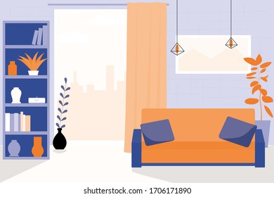 Living room modern interior design in bright blue and orange colors. Flat style illustration