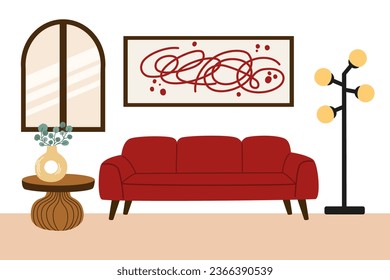 Living room modern interior. Furniture: sofa, lamp, coffee table, painting. Vector flat style collection of furniture for house isolated on white background.