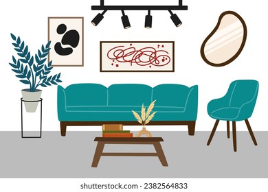 Living room modern interior. Furniture, sofa, armchair, house plant, coffee table with vase and books, painting. Vector illustration of furniture for house isolated on white background.