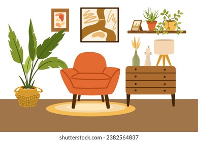 Living room modern interior. Furniture, armchair, house plant, chest of drawers, painting and lamp. Vector illustration of furniture for house isolated on white background.