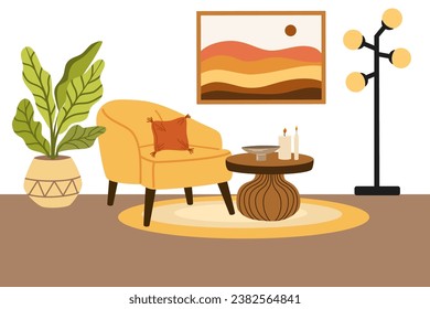 Living room modern interior. Furniture, armchair, house plant, painting and lamp. Vector illustration of furniture for house isolated on white background.