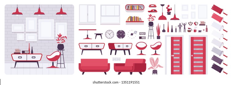 Living room modern interior, home, office creation set, lounge space kit with red furniture, constructor elements to build your own design. Cartoon flat style infographic illustration, color palette