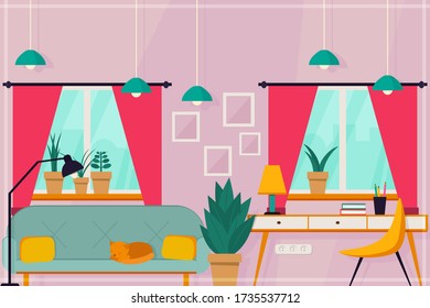 Living room with a modern interior on a pink background with two Windows. Vector illustration.