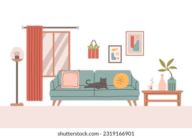 Living room modern interior set. Vector flat style collection of furniture for house isolated on white background.