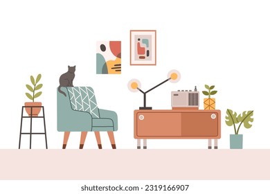 Living room modern interior set. Vector flat style collection of furniture for house isolated on white background.