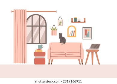 Living room modern interior set. Vector flat style collection of furniture for house isolated on white background.