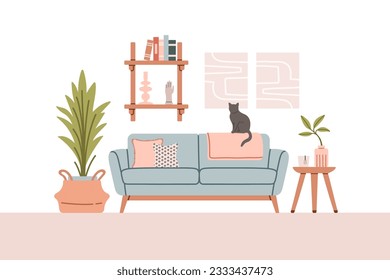 Living room modern interior set. Vector flat style collection of furniture for house isolated on white background.