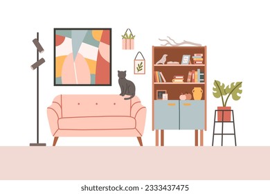 Living room modern interior set. Vector flat style collection of furniture for house isolated on white background.