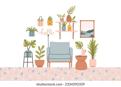 Living room modern interior set with many plants. Vector flat style collection of furniture for house isolated