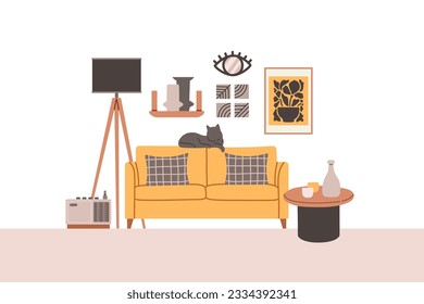 Living room modern interior set. Vector flat style collection of furniture for house isolated on white background.