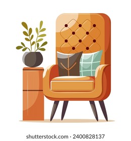 Living room modern interior set with trendy scandinavian armchair. Vector flat style collection of furniture for house isolated on white background. Comfortable orange armchair, potted plant on drawer