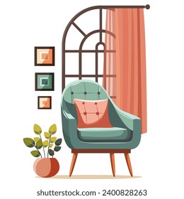 Living room modern interior set with trendy scandinavian armchair. Vector flat style collection of furniture for house isolated on white background. Comfortable armchair with cushion, potted plant.