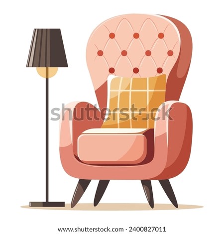 Living room modern interior set with trendy scandinavian armchair. Vector flat style collection of furniture for house isolated on white background. Comfortable pink armchair, floor lamp.