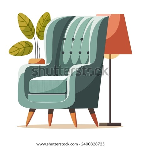 Living room modern interior set with trendy scandinavian armchair. Vector flat style collection of furniture for house isolated on white background. Comfortable green armchair, floor lamp, pot plant.