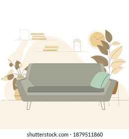 Living room modern interior with sofa , flat cartoon design. Vector living room furniture and wall with shelf and books illustration