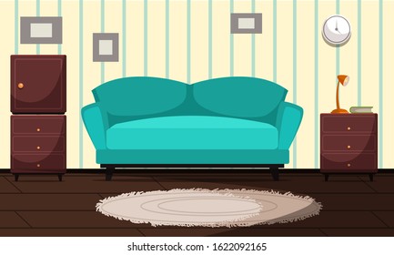 Living room modern interior vector illustration. Azure cozy sofa with cushions flat drawing. House plant in pot. Simple, minimalistic style. Pictures in frames hanging on wall
