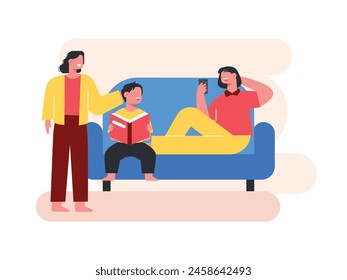 In the living room with mom, little brother reading a book, and big sister playing on her phone. Character design. Vector flat illustration