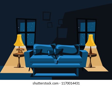 Living Room At Night Vector Illustration 