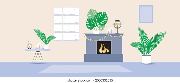 Living Room, No People. Flat Vector Stock Illustration. A Room With A Fireplace And Indoor Plants. Winter Room Interior. Template Or Backdrop For Design. Overlay Illustration