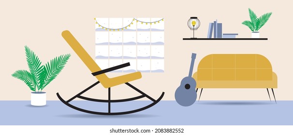 Living Room, No People. Flat Vector Stock Illustration. Room With Fireplace, Guitar And Nobody. Winter Room Interior. Template Or Backdrop For Design. Illustration For Animation