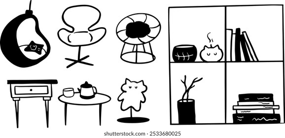 Living Room Object Set Illustration | Minimalist Doodle Vector for Home and Interior Designs