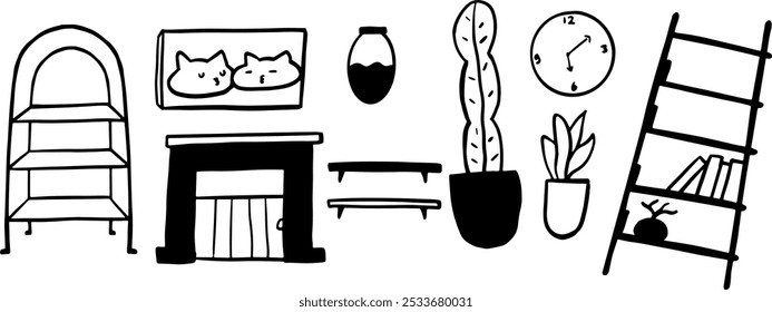 Illustration von Wohnzimmerobjekten | Minimalistischer Doodle-Vektor für Wohn- und Innenarchitektur