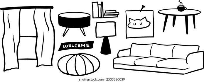 Living Room Object Set Illustration | Minimalist Doodle Vector for Home and Interior Designs