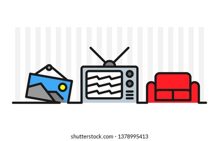 The living room objects combined with one line flat vector illustration.