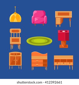 Living Room Objects Set Of Flat Isolated Vector Simplified Bright Color Design Icons On Blue Background