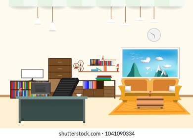 living room and office interior flat design relax with yellow sofa and Computer table