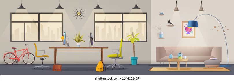 Living room and office interior. Modern apartment, scandinavian or loft design. Cartoon vector illustration. Creative office and Co-working center. Comfortable workplace. Creative work