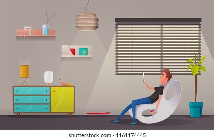 Living room and office interior. Modern apartment, scandinavian or loft design. Cartoon vector illustration. Creative office and Co-working center. Comfortable workplace. Creative work