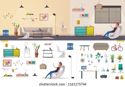 Living room and office interior. Modern apartment, scandinavian or loft design. Cartoon vector illustration. Creative office and Co-working center. Comfortable workplace. Creative work