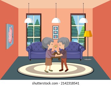 Living room with old couple cartoon illustration
