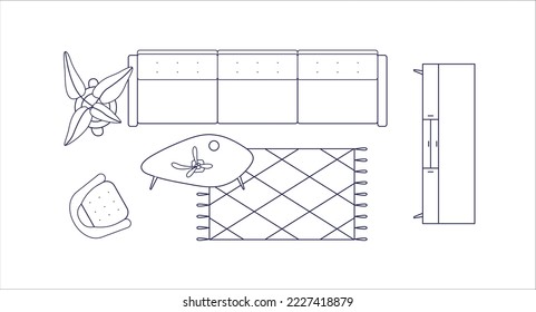 Living room, outlined interior design, top view. Overhead lounge furniture layout, sofa, armchair, coffee table, cabinet, home plant. Contoured flat vector illustration isolated on white background