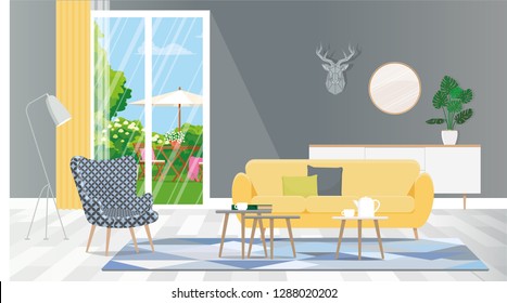 Living room overlooking the backyard from the window. Vector objects are isolated, grouped.