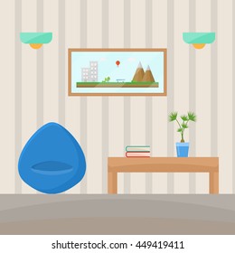 living room with a painting on the wall, seat bag, table, plants, books, lamps,, striped wallpaper, vector illustration in flat style