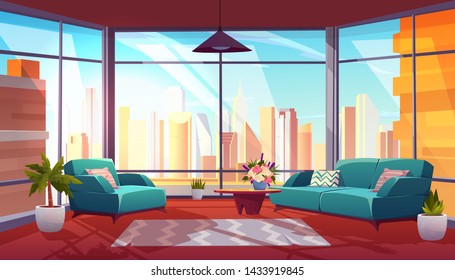 Living room with panoramic window interior, cozy spacious apartment with couch, armchair, coffee table and floor-to celling glass wall with city view, modern luxurious loft. Cartoon vector illustration