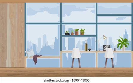 Sala de estar con interior de ventana panorámica, lugar de trabajo y pared de cristal de suelo a techo con vistas a la ciudad, moderno y lujoso loft. ilustración vectorial plana.