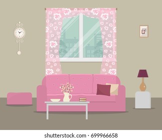 Living room with a pink sofa and pillows. There is furniture on a window background in the picture. There is also a clock on the wall. Vector flat illustration.