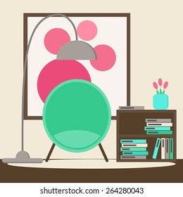 Living room. Living room reading space with modern chair, book stand, picture and flowers. Contemporary furniture. Flat style vector illustration. 