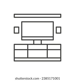 Living room real estate furniture decoration thin line art icon vector illustration. Home apartment interior element tv set shelves and dresser simple pictogram design indoor furnishing symbol